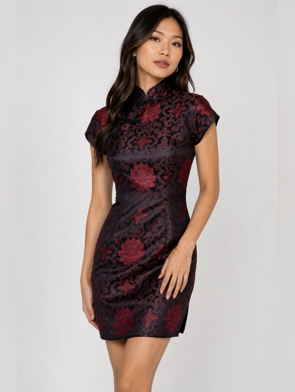 Red & Black Brocade Cheongsam Mini Dress